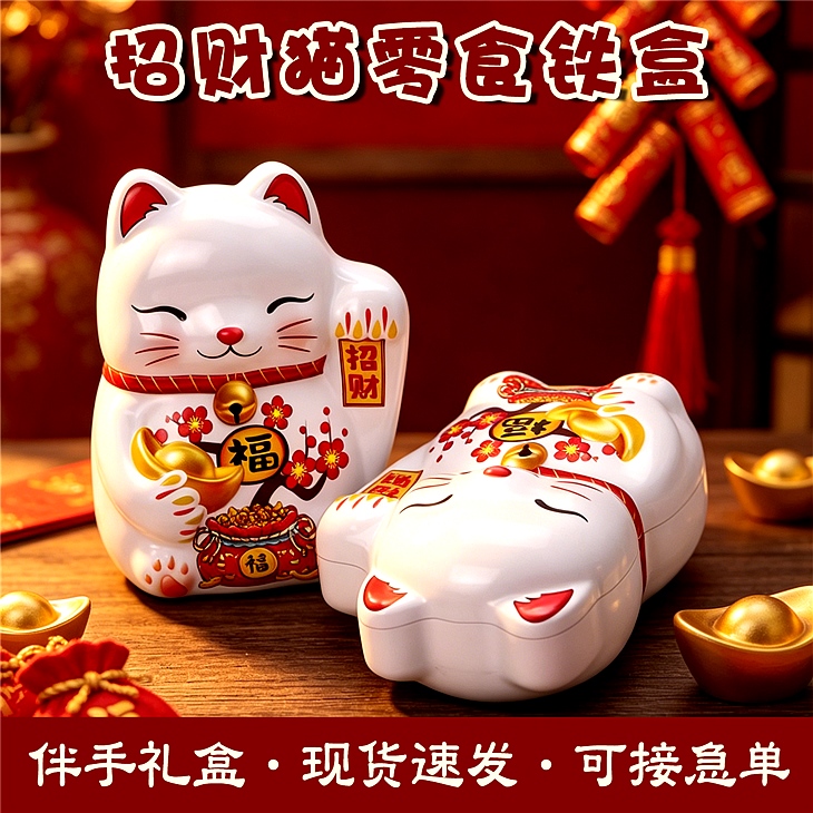 异形招财猫糖果零食铁盒